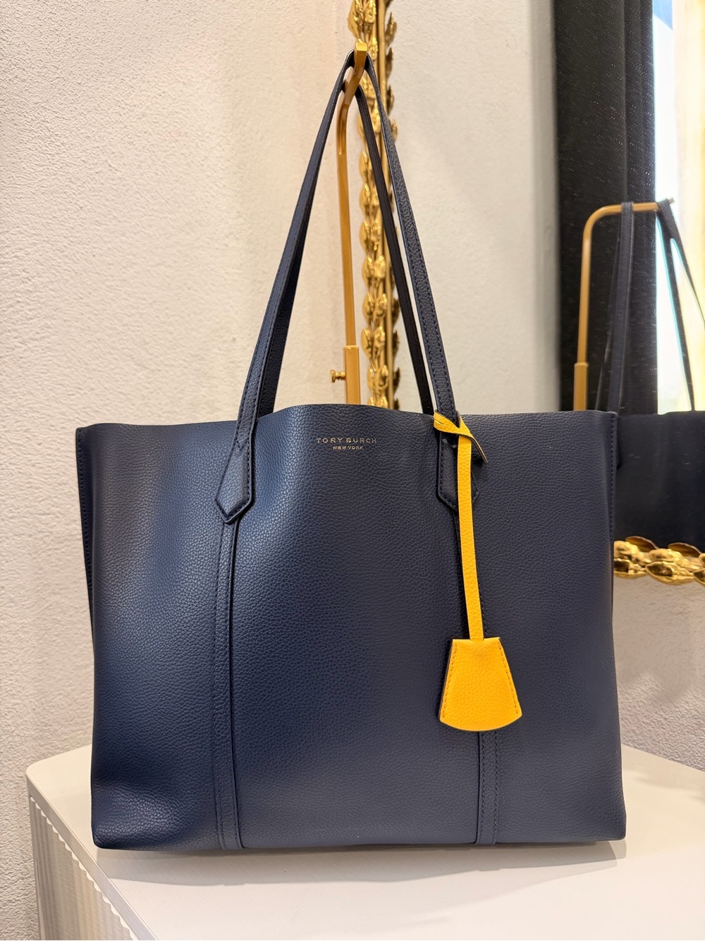 Tory Burch Navy Leather Tote with Yellow Tag
